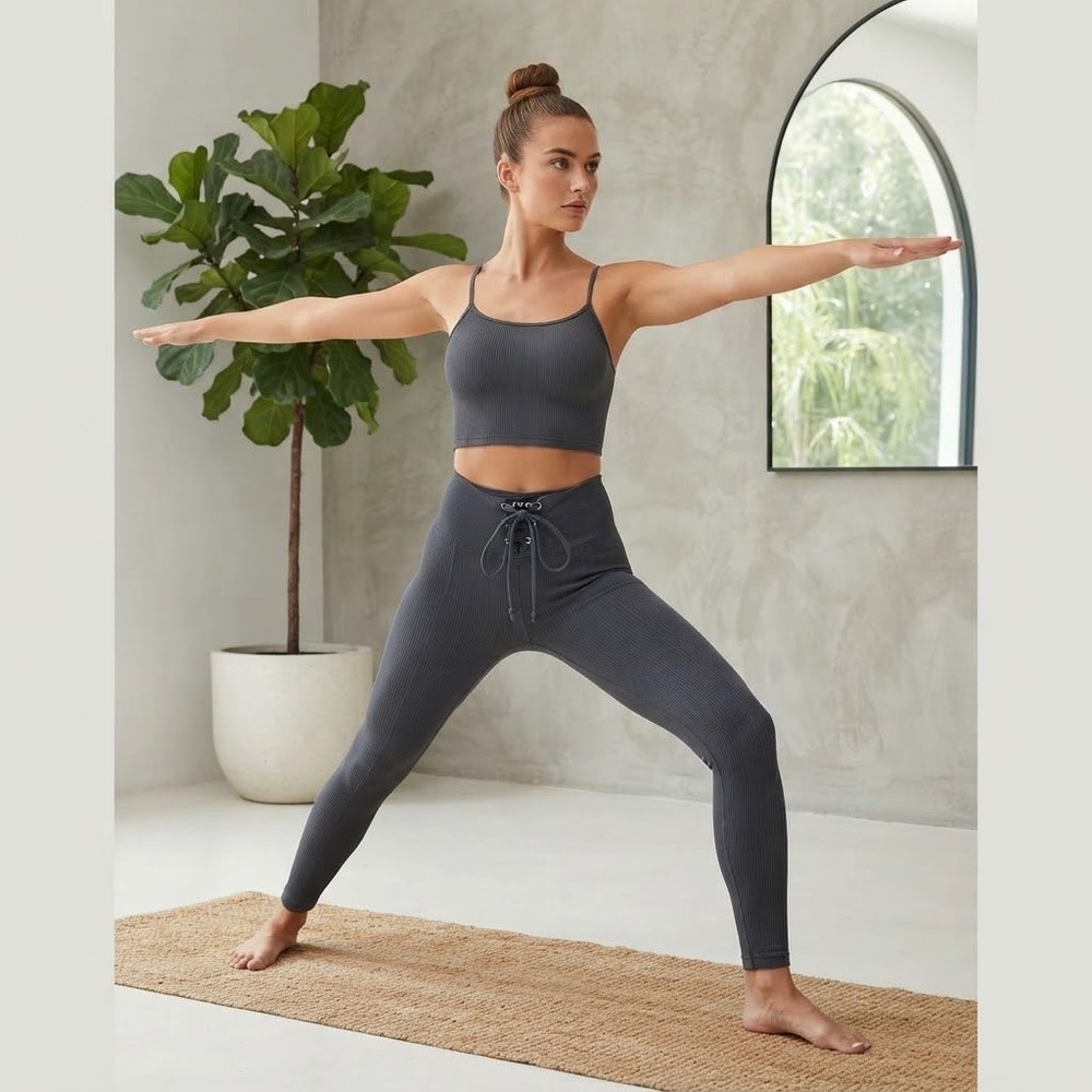Year of Ours Ribbed Lace Up Football Legging and Cami Tank Set Slate Blue Small